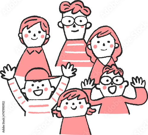 笑顔の大人と元気な子どもたち　イラスト素材

