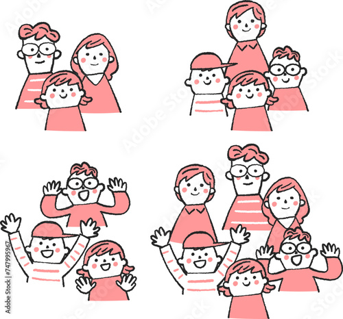笑顔の大人と元気な子どもたち　セット　イラスト素材
