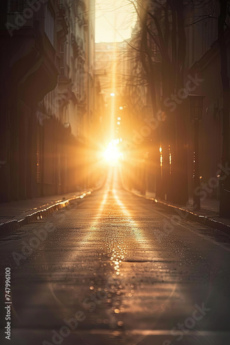 Sun with starburst effect on an empty street