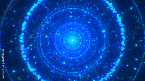 Flying through an abstract circular blue glowing digital futuristic neon VJ tunnel made with shiny particles and lines. Sci fi red light energy streaks effect