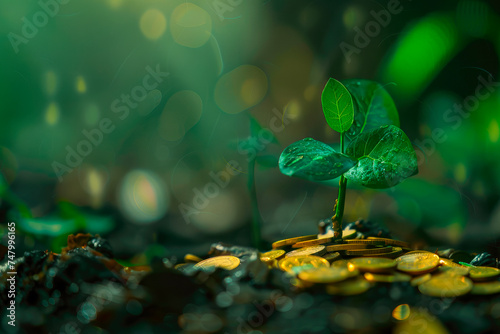 A small tree that grows on a pile of money on the ground. The concept of financial growth and business success.