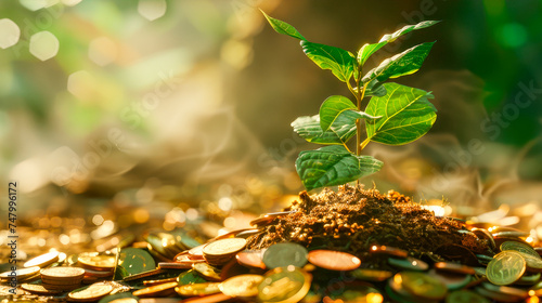 A small tree that grows on a pile of money on the ground. The concept of financial growth.