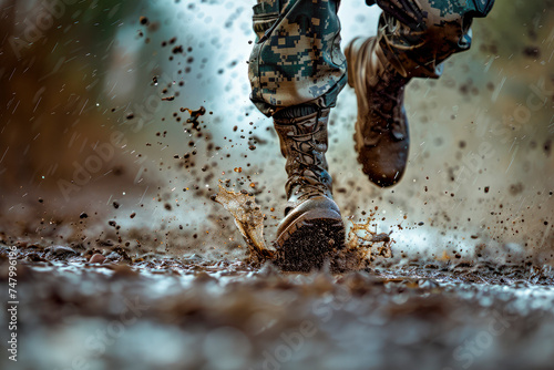 Brown military boots on mud and puddle. photo