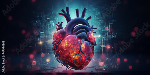 Digital technology background and glowing cyber cyborg heart on computer electronic chip  a human heart covered in blood. Suitable for medical or horror-themed projects