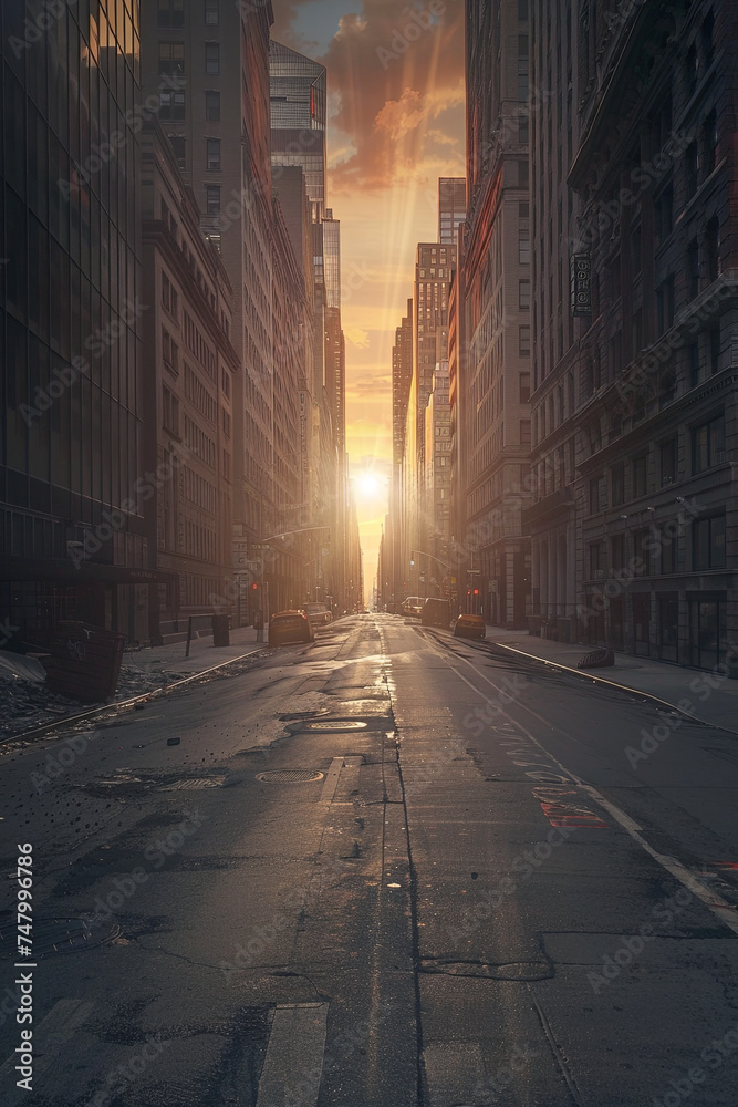 Sun with starburst effect on an empty street