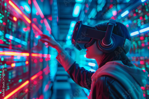 A woman wearing a virtual reality headset is touching a screen