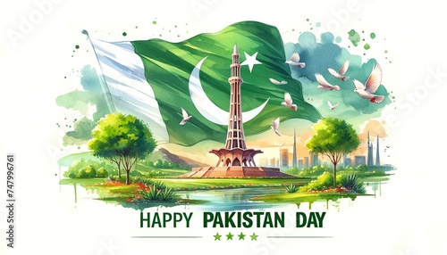 Watercolor illustration for pakistan day with minar e pakistan and large waving flag.
