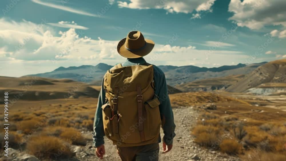 Back view of male traveler in a hat and with a backpack. Active travel and hiking concept. Back view of male traveler in a hat and with a backpack. Active travel and hiking concept.