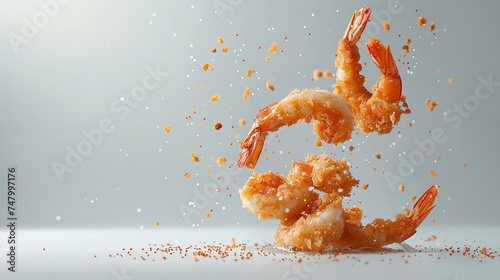 Fried delicious prawns are flying against a clean white backdrop with a big empty space for text or product, Generative AI.