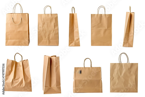 set of Brown paper bag ,Recycled paper shopping bag, isolated on white or transparent background 