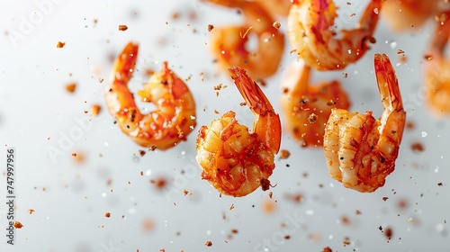 Fried delicious prawns are flying against a clean white backdrop with a big empty space for text or product, Generative AI.