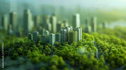 A soft-focus miniature captures the essence of a verdant urban landscape, with modern buildings nestled within an expanse of lush greenery. © Rattanathip