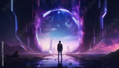 sci-fi concept showing a man standing at the futuristic portal © Rehman