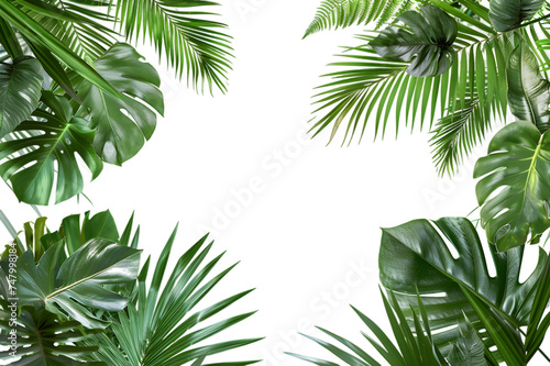 Tropical frame with exotic jungle plants, palm leaves, and space for text, isolated on white or transparent background © transparent paradise