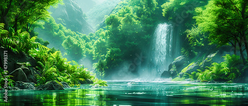 Jungle Waterfall in Green Forest, Nature Beauty with River Stream, Tropical Landscape in Daylight, Serene Scenery © NURA ALAM