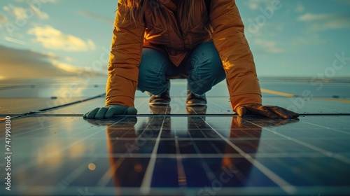 A solar technician in protective gear carefully examines the condition of solar panels during a vibrant sunset. © Rattanathip