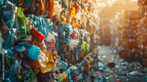 Sunlight filters through a dense wall of compressed plastic waste, highlighting the urgency of recycling and waste management. © Rattanathip