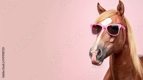 Humorous horse wearing sunglasses on pastel color background with space for text © Eva