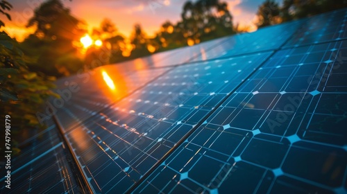 The setting sun reflects on the surface of solar panels, symbolizing renewable energy potential and sustainability.
