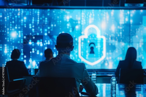 A cybersecurity conference underway, with attendees silhouetted against a glowing digital padlock display
