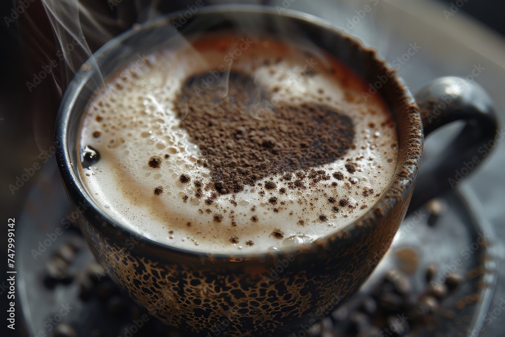 Cappuccino with picture on milk , cup with steam, candle in the style of light black and dark beige, engineering/construction and design, photo taken highly detailed, close up. Cappuccino with picture on milk , cup with steam, candle in the style of light black and dark beige, engineering/construction and design, photo taken highly detailed, close up.