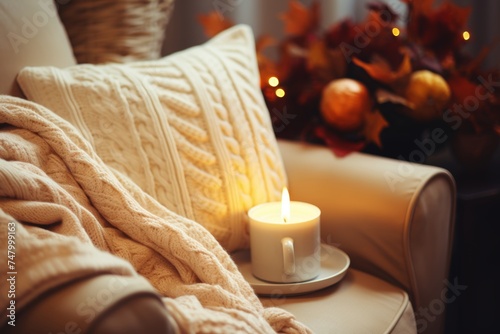 Cozy living room with comfortable beige couch and warm blanket for ultimate relaxation