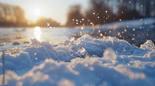 Close-up of fresh snow glistening under the golden sunrise, with sparkling water droplets and a soft-focus background. © Rattanathip