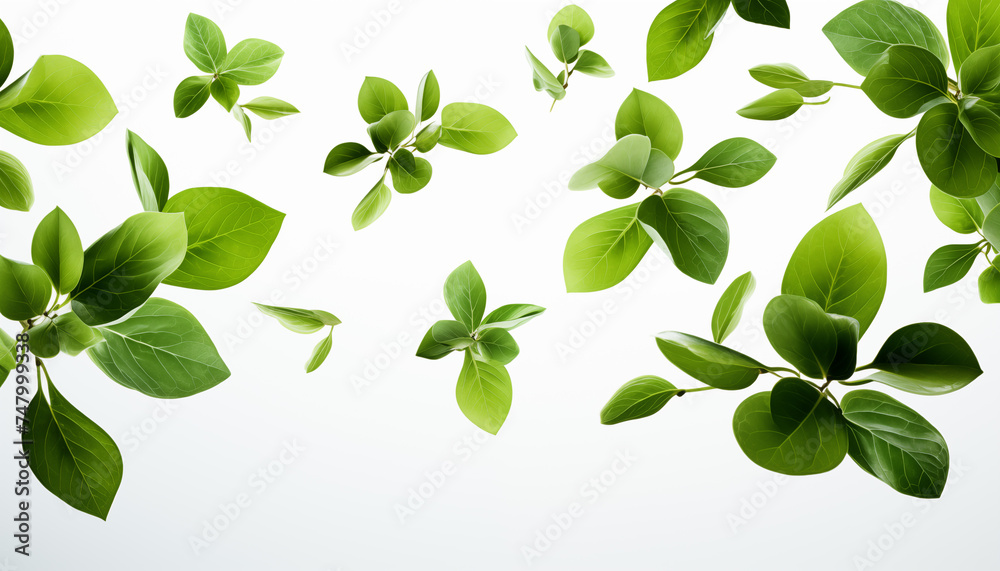 Obraz premium flying green leaves on white background. 