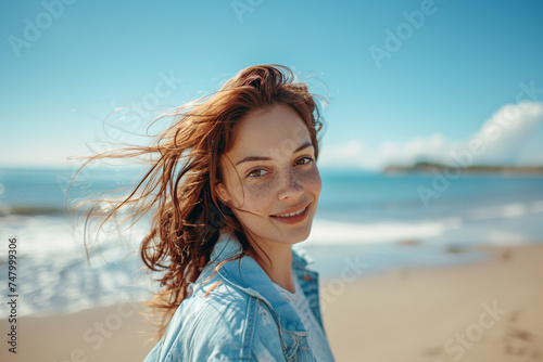Close-up portrait of a smiling young girl on the beach. Happy girl on summer holiday at the beach.