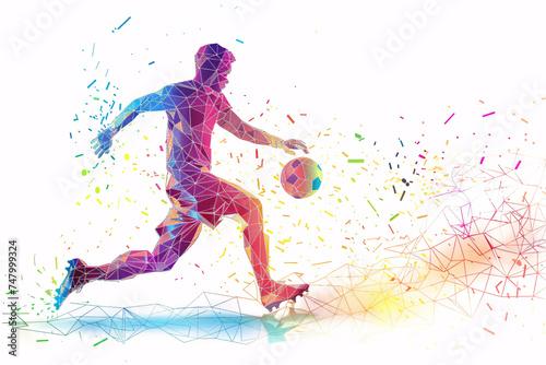 Abstract football player in action from lines and triangles, on white background.