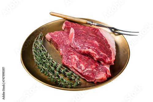 Freah Raw cap rump beef meat steak in a plate with thyme, top sirloin steak. Isolated, Transparent background. photo