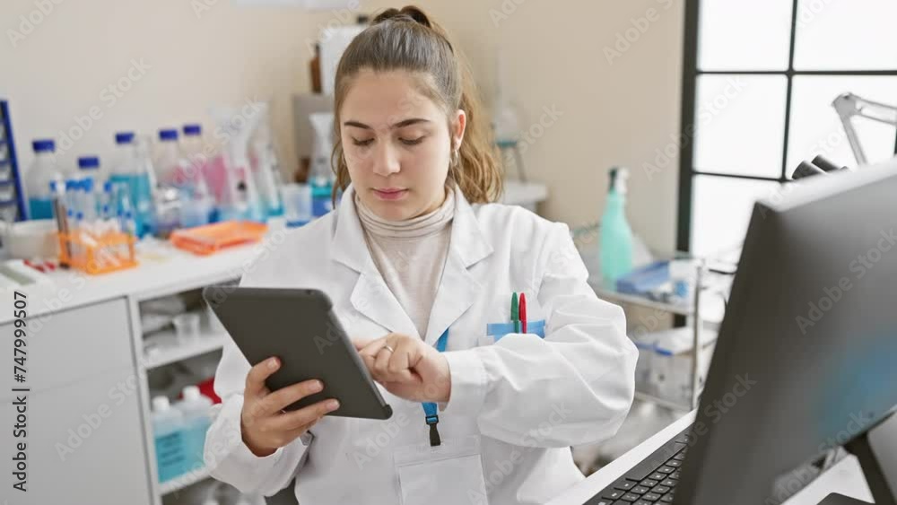 Hispanic woman scientist using tablet in laboratory setting, surrounded by equipment and windows. Hispanic woman scientist using tablet in laboratory setting, surrounded by equipment and windows.
