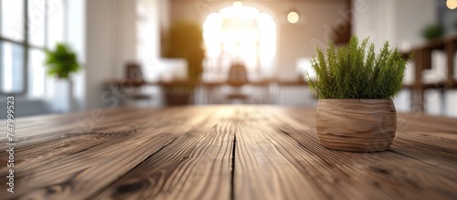 A wooden table with a potted plant placed on top of it is displayed in a blurred office or meeting room background. The plant adds a touch of greenery to the space.