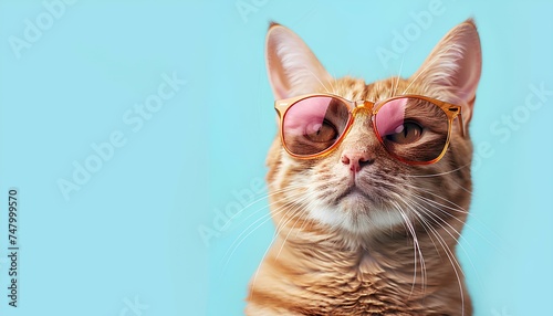 Yellow cat wearing sunglasses on a light blue background. Cat with sunglasses portrait isolated. Fashionable chubby cat with orange fur posing with sunglasses © Divid