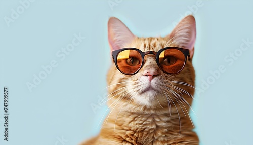 Yellow cat wearing sunglasses on a light blue background. Cat with sunglasses portrait isolated. Fashionable chubby cat with orange fur posing with sunglasses