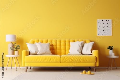 Classic living room with beige sofa, yellow pillows, side tables, lamps, and vibrant yellow wall