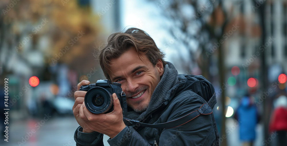 A charismatic man with a camera captures life's candid moments on a bustling city street, his warm smile as engaging as his photography A charismatic man with a camera captures life's candid moments on a bustling city street, his warm smile as engaging as his photography