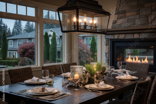 Luxurious dining room with elegant table setting and stunning fireplace near large windows © Mikki Orso