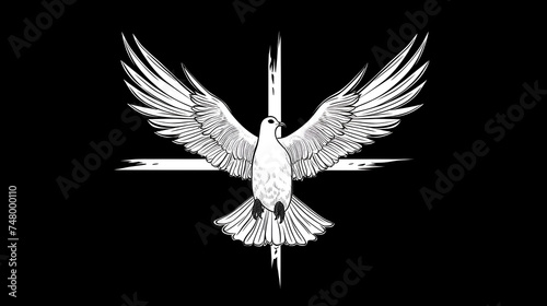Vector illustration of Easter, a bird of peace, a dove and a cross on a black background.