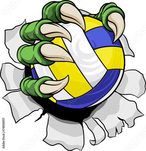 An eagle, dragon or dinosaur monster claw hand holding a volleyball volley ball illustration