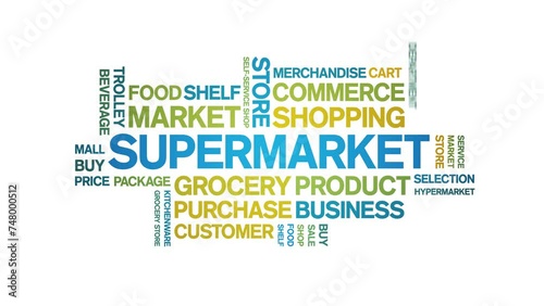 Supermarket animated tag word cloud;text design animation kinetic typography seamless loop. photo