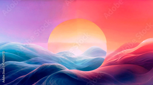 The image features a round orange sun with a blue and red background. The sun is set against a gradient of purple to orange, with blue and red waves in the foreground.