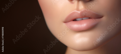 Close up beautiful face, young woman with natural beauty. Freshskin Beauty, glow skin without makeup. Part of face, cosmetology concept. Cosmetics, beauty products. Lips without lipstick. White teeth.