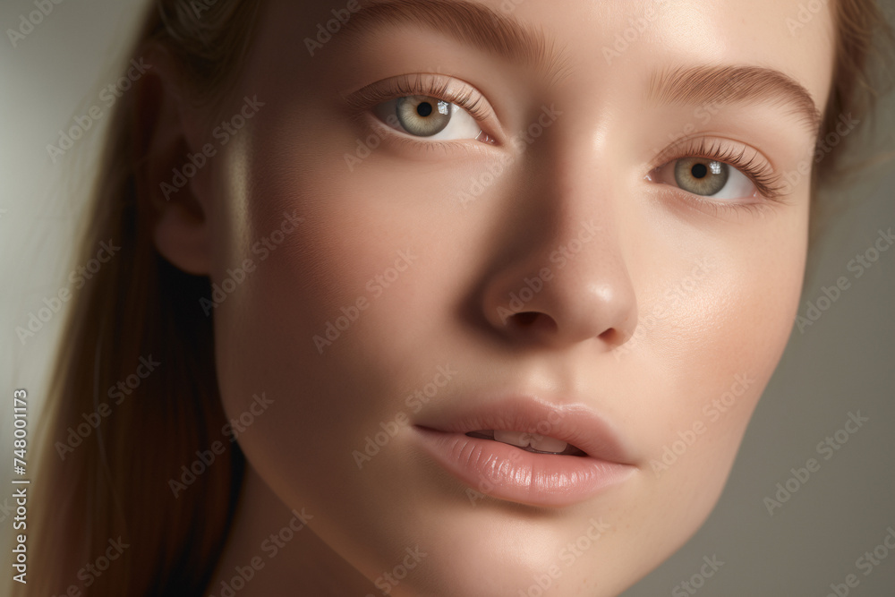 Obraz premium Close up beautiful face, young girl with natural beauty. Freshskin Beauty, glow skin without makeup. Part of face, cosmetology concept. Cosmetics, beauty products. Rhinoplasty. 