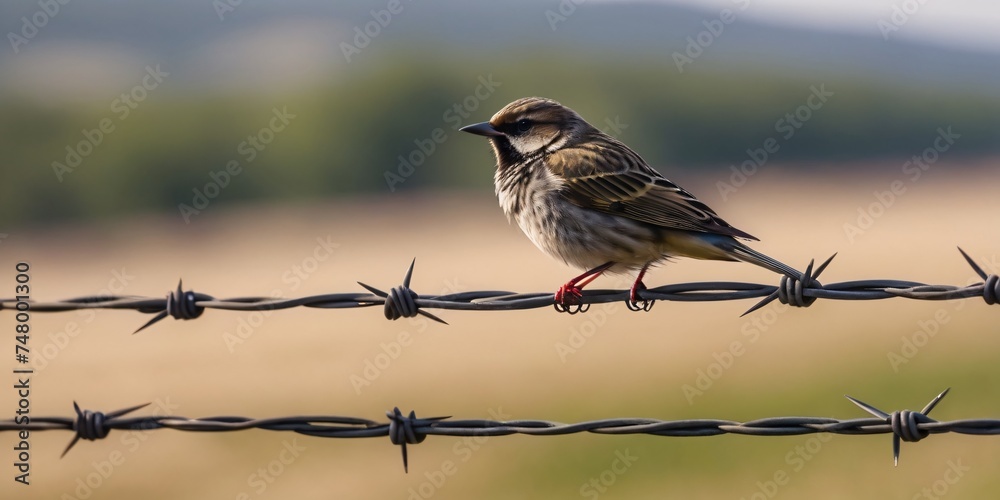 Bird on a Barbed Wire Fence. Freedom concept. Bird on a Barbed Wire Fence. Freedom concept.