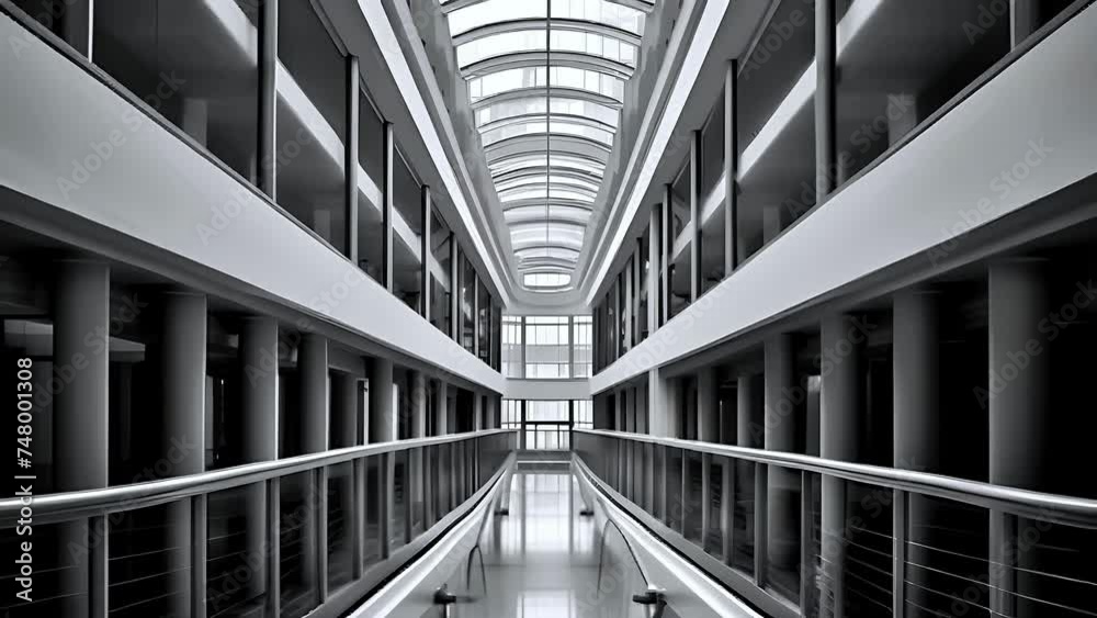 The interior of a modern office building with elliptical balconies and a glass roof, creating an open and spacious effect. Concept: modern urban design, residential architecture, optimization of space The interior of a modern office building with elliptical balconies and a glass roof, creating an open and spacious effect. Concept: modern urban design, residential architecture, optimization of space