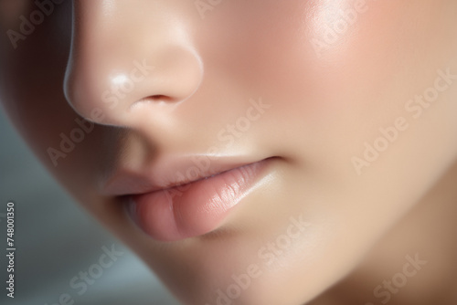 Close up of natural beautiful face. Glow skin and plump lips with natural makeup. Part of face, highlighter, shimmer, bronzer. Make up concept. Portrait of young woman with perfect skin.