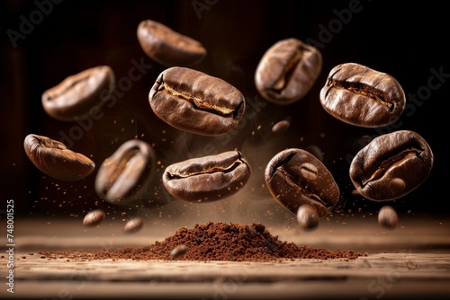 Levitating roasted coffee beans on dark background with copy space for text placement © Eva