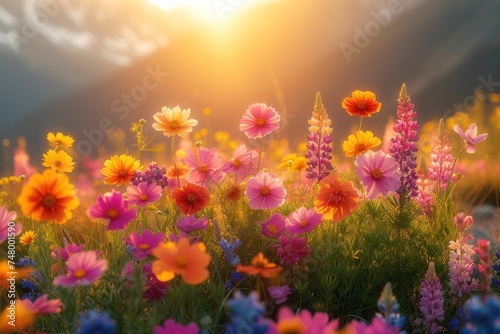 Wildflowers at sunset in the mountains: harmony of colors in the mesmerizing sunset light