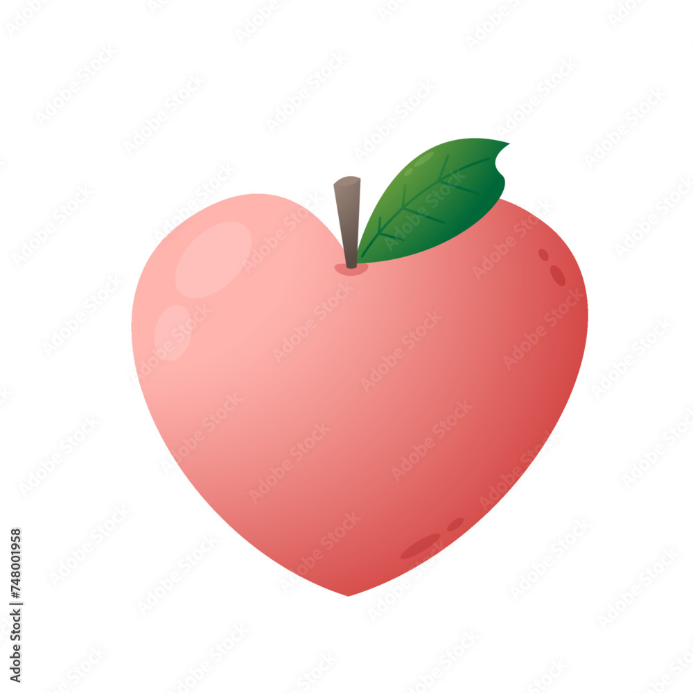 Fototapeta premium Peach cartoon vector. Doodle peach with leaves icon. Peach fruit in shape of heart isolated on white background. Farm, natural food, fresh fruits.